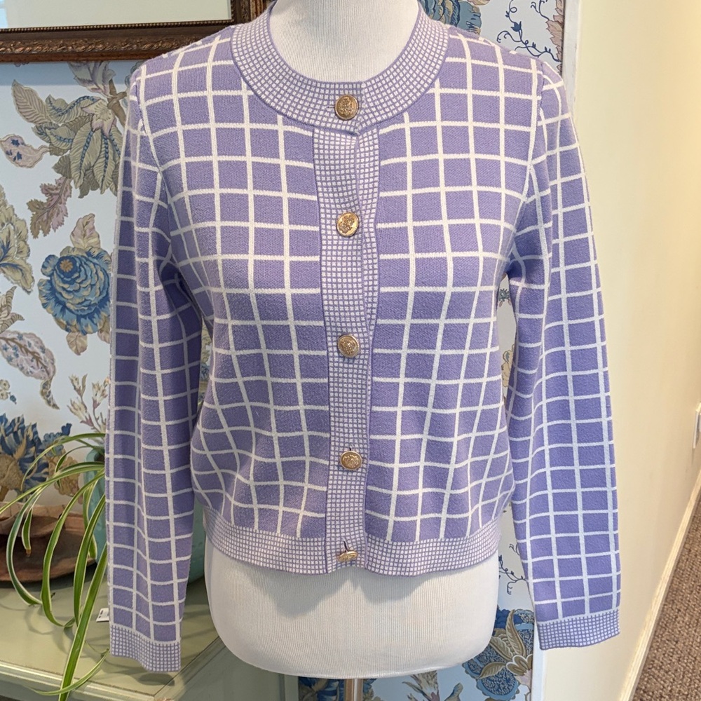 Marled Lilac and White Grid Button-Front Lady Cardigan